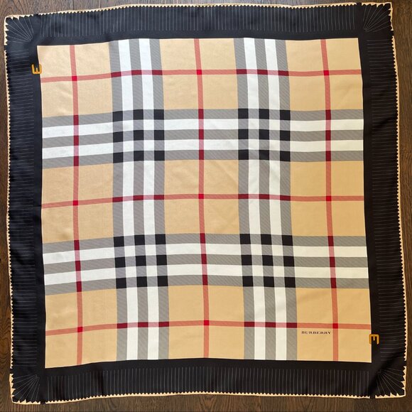 Burberry Scarf House Check Beige Black Border Silk Scarf Wrap - Picture 1 of 15